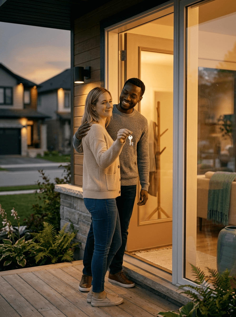 A couple standing at the doorway of their new home